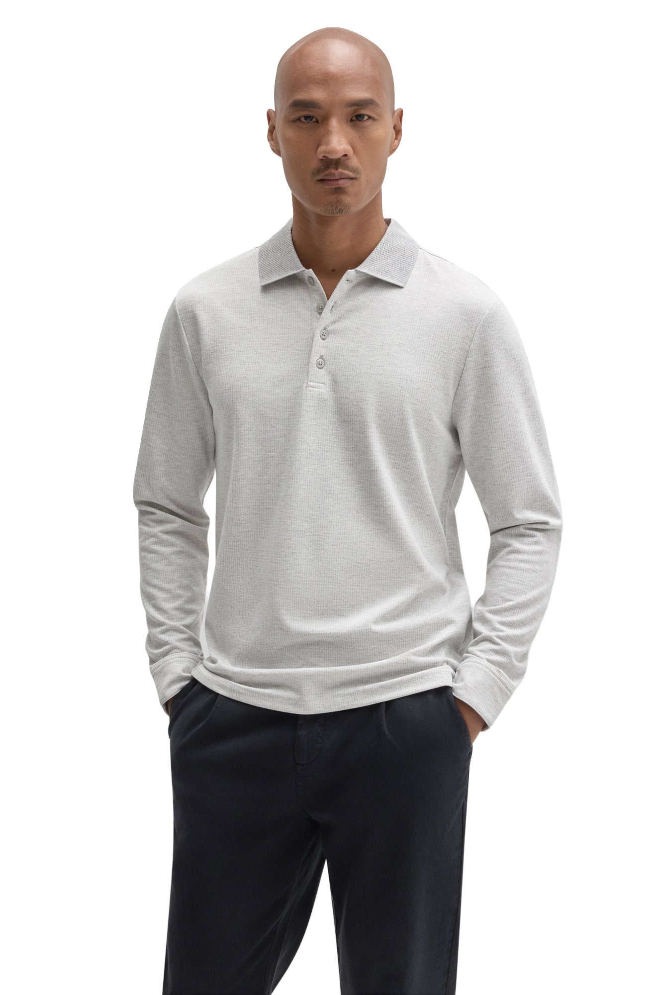 Robert Barakett men's light grey long sleeve polo with button placket and ribbed collar, front view