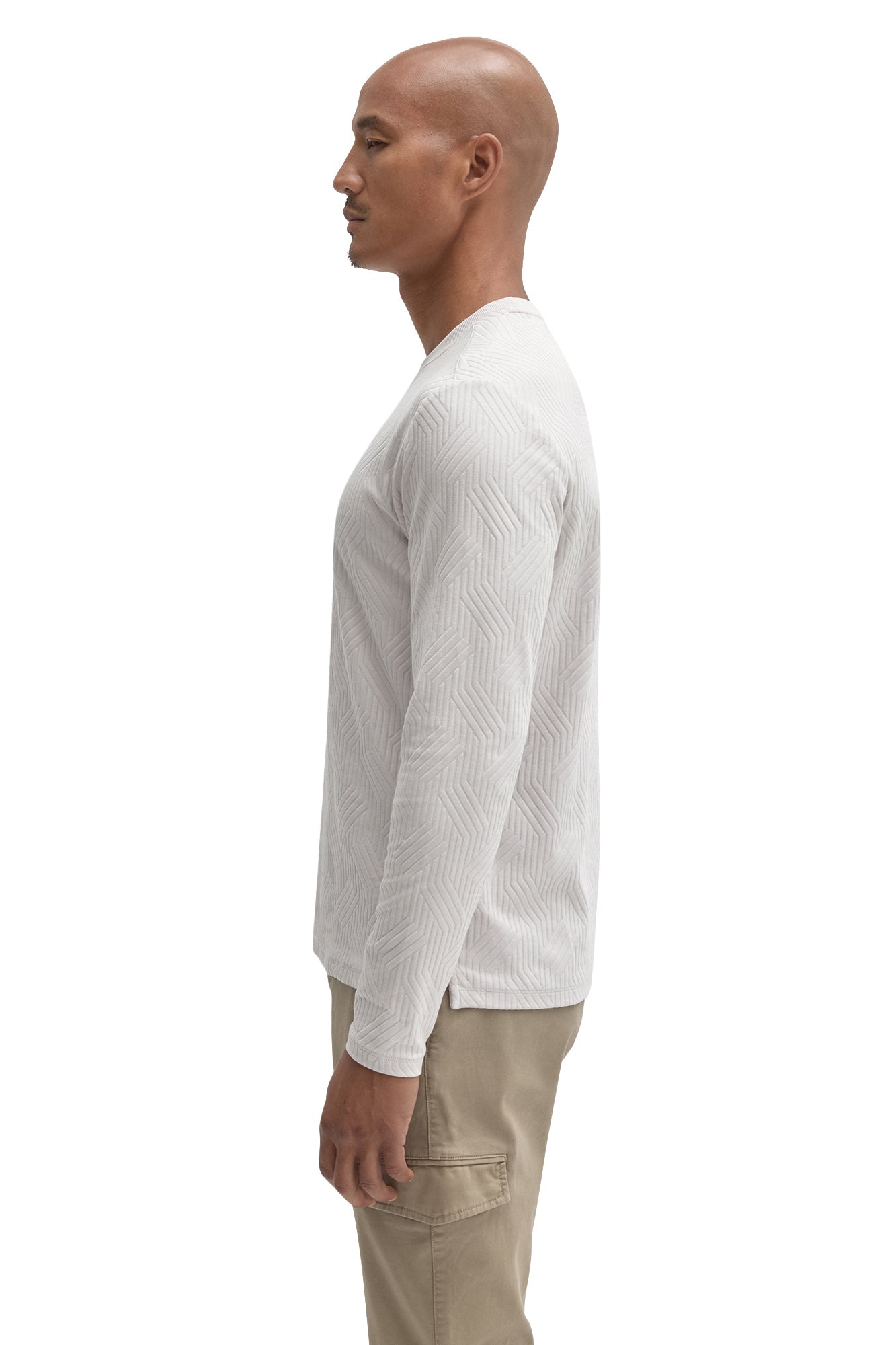 Side view of men's light gray long sleeve crew neck T-Shirt with tonal raised texture by Robert Barakett