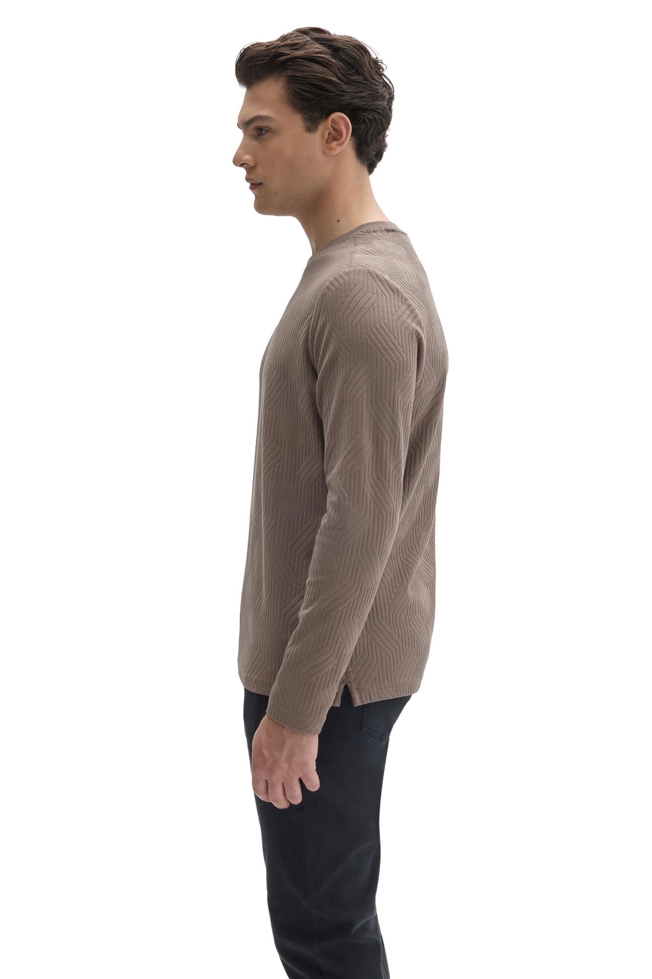Robert Barakett men's taupe long sleeve crewneck T-Shirt with small side vent and textured pattern shown from the side