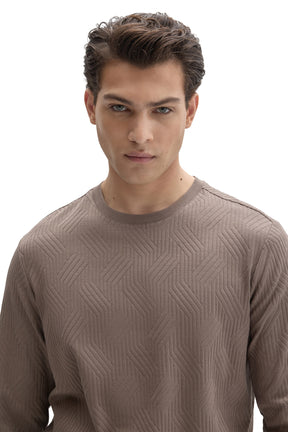 Close-up of men's taupe crewneck long sleeve T-Shirt with raised geometric texture on the chest by Robert Barakett