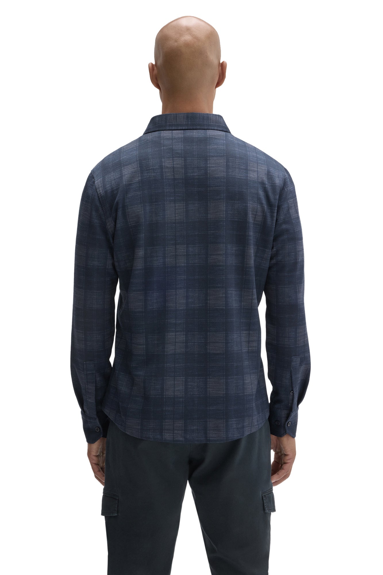 Surchemise boutonnée marine à carreaux, avec col, empiècement et poignets boutonnés pour homme par Robert Barakett, de dos