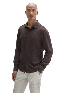 Robert Barakett men's dark brown long sleeve button-up shirt with fine grid texture and pointed collar shown from the front