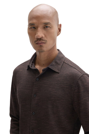 Robert Barakett men's dark brown long-sleeve shirt close-up with textured grid fabric, dark buttons and pointed collar