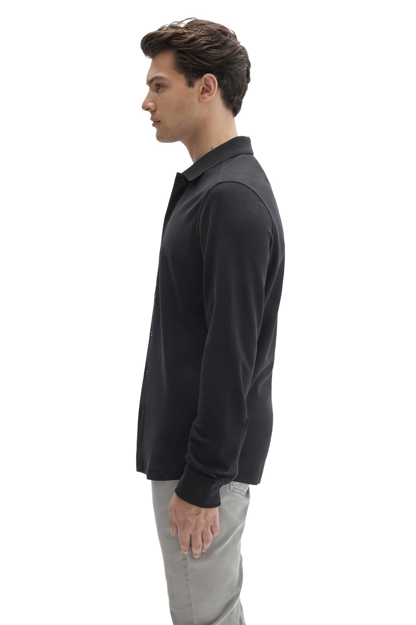 Robert Barakett men's black knit button-front long-sleeve shirt showing ribbed collar shown from the side