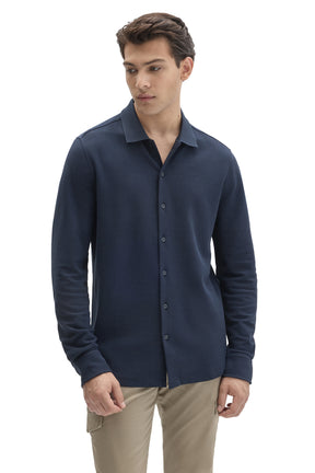 Robert Barakett men's navy long sleeve knit shirt with curved hem, button front and ribbed polo collar shown from the front