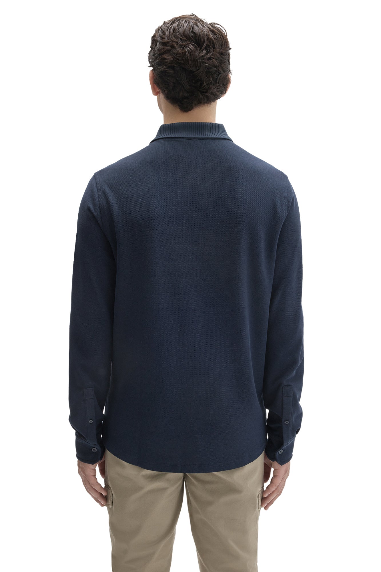Robert Barakett men's navy long sleeve knit shirt with curved hem, buttoned cuffs and ribbed collar shown from the back