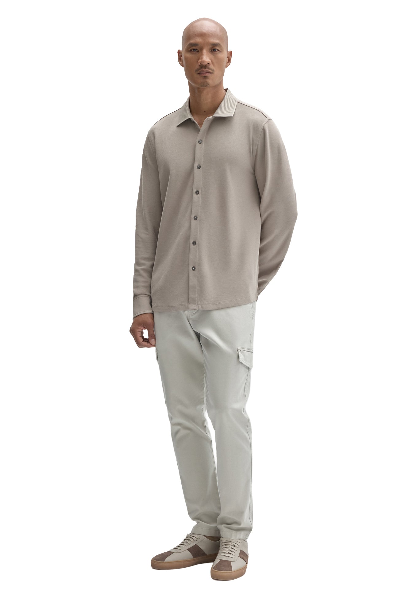 Men's full front view of a light taupe long sleeve knit button-front shirt with straight hem by Robert Barakett
