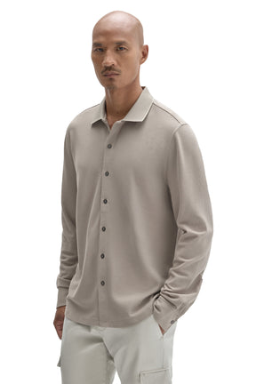 Robert Barakett men's front angled view of a light taupe long sleeve knit button-front shirt with ribbed collar