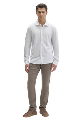 Robert Barakett men's full front view of white long sleeve knit button-front shirt styled with taupe pants