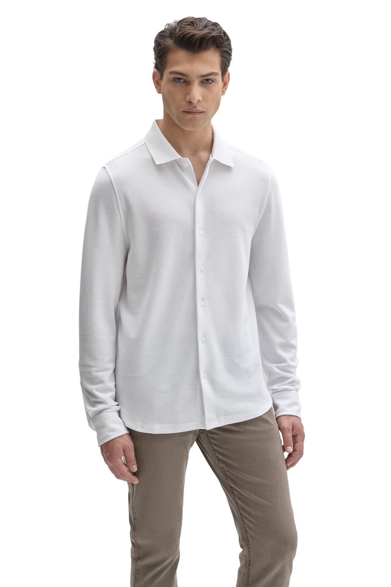 Robert Barakett men's white long sleeve knit button-front shirt with ribbed collar shown from the front