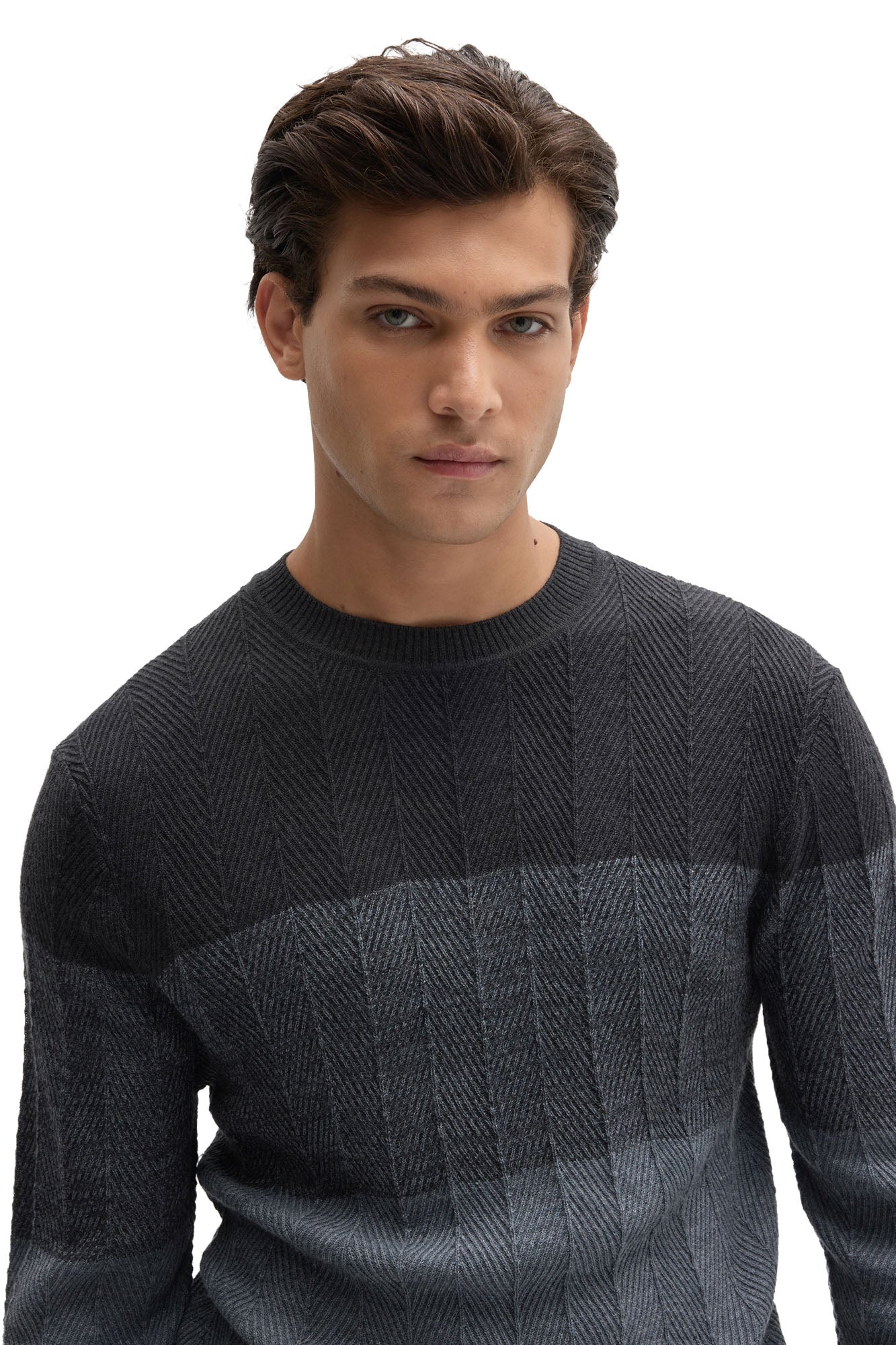 Men's close front detail of charcoal crewneck long-sleeve knit sweater with ribbed collar by Robert Barakett