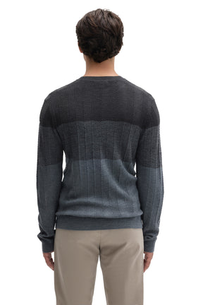 Back view of men's charcoal and blue-gray crewneck knit long-sleeve knit sweater with tonal bands by Robert Barakett