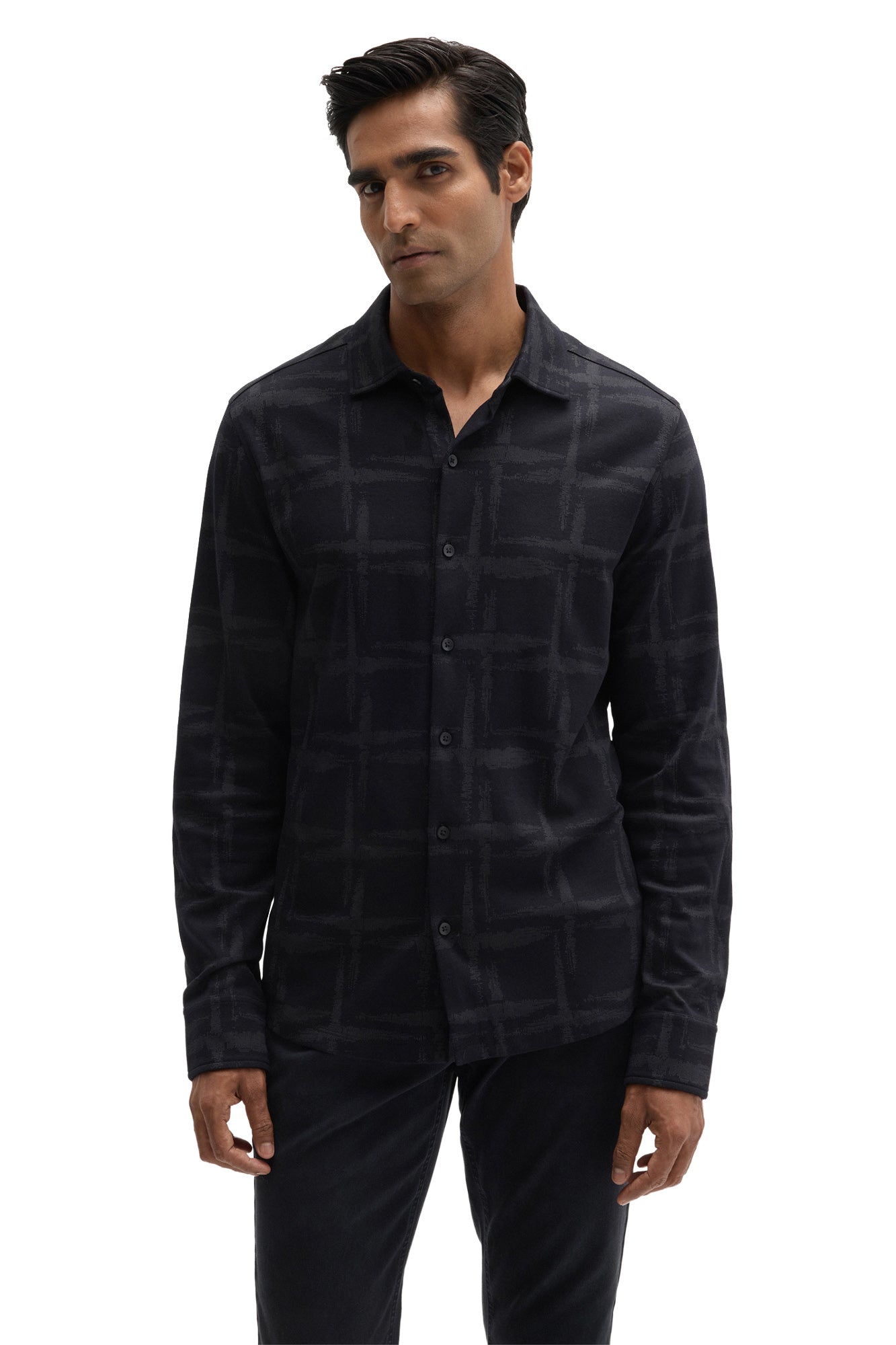 Robert Barakett men's dark navy long sleeve knit shirt with tonal abstract check pattern and full button front, front view