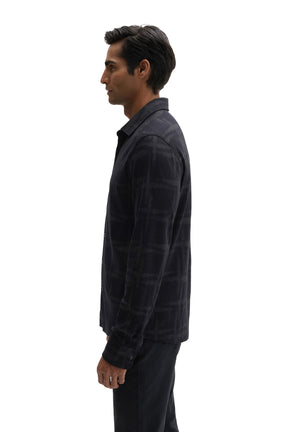 Robert Barakett men's dark navy long sleeve knit shirt with tonal check texture and spread collar, side view
