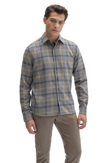 Robert Barakett men's gray plaid flannel overshirt with buttons, pointed collar and tan lines shown from the front