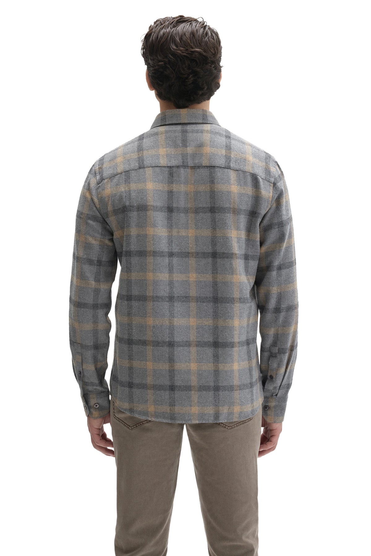 Vue de dos de la surchemise-chemise en flanelle à carreaux gris, poignets et empiècement pour homme par Robert Barakett