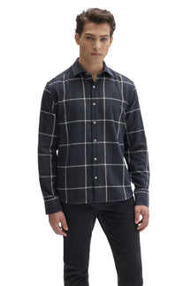 Front view of men's dark navy charcoal windowpane plaid long sleeve button-front shirt by Robert Barakett