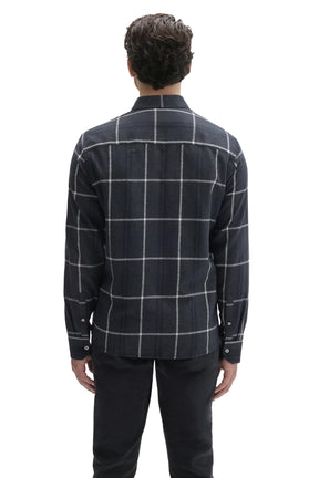 Robert Barakett men's dark navy charcoal plaid long sleeve shirt with button cuffs and straight yoke shown from the back