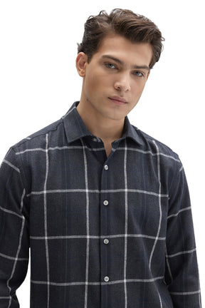 Robert Barakett men's close front view of dark navy charcoal plaid long-sleeve shirt showing light buttons and point collar