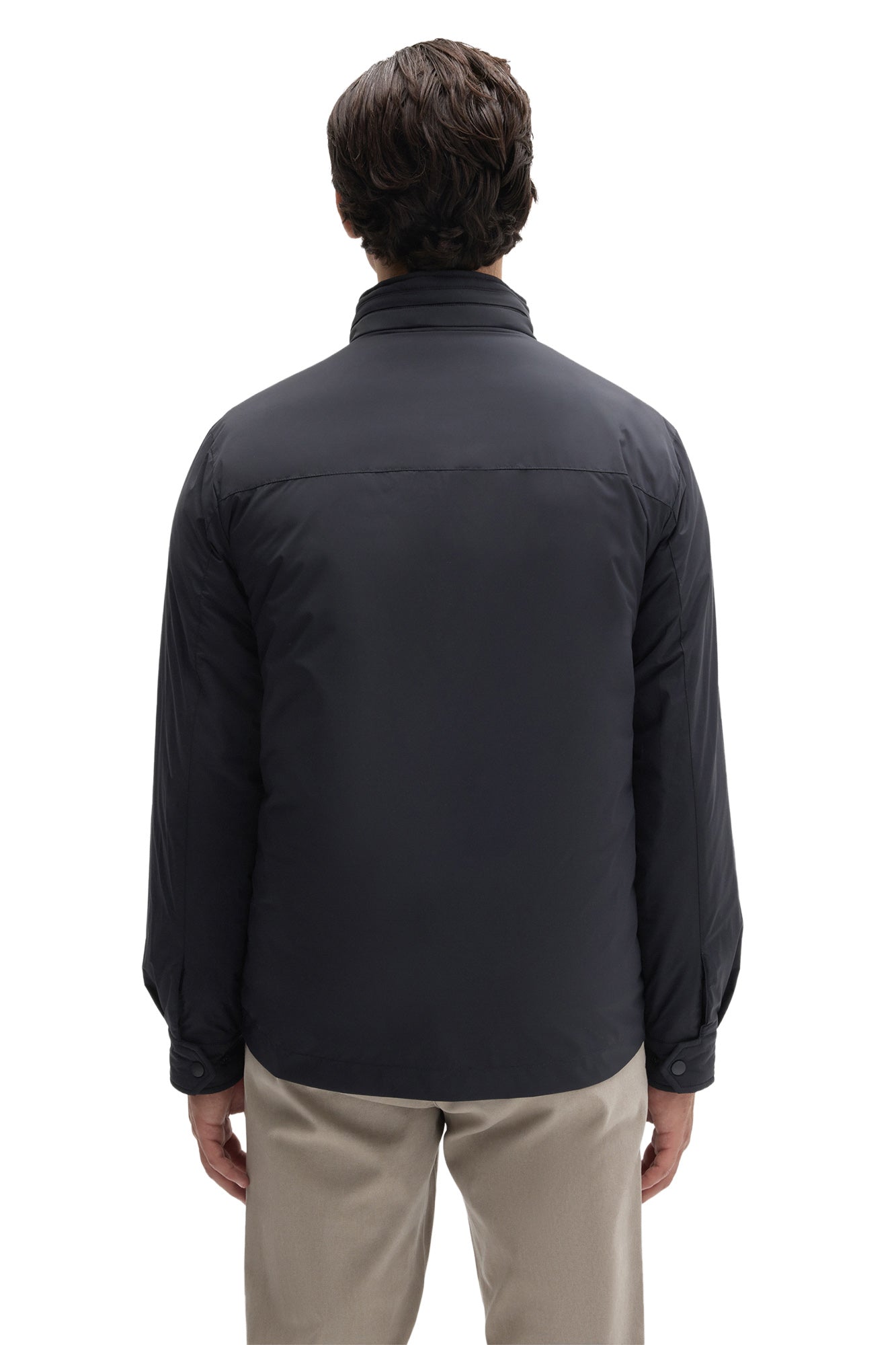 Robert Barakett men's navy snap jacket with snapped cuffs, smooth shell and stand collar shown from the back
