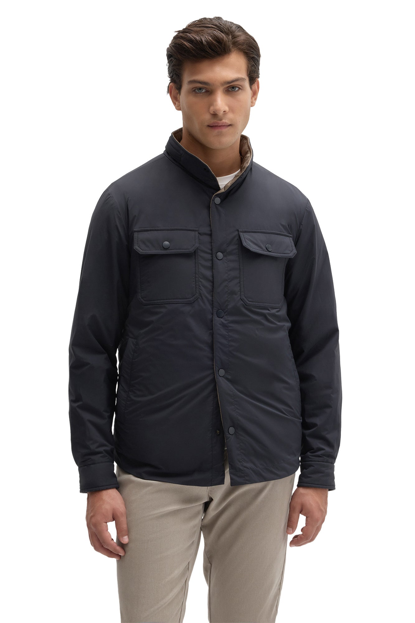 Robert Barakett men's navy snap jacket with two chest flap pockets, snap placket and stand collar shown from the front