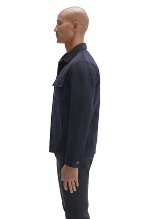Robert Barakett men's dark navy button-front jacket with button cuff, long sleeve and chest flap pocket, side view