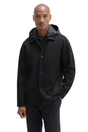 Robert Barakett men's black hooded snap-front jacket with charcoal hood lining and vertical welt pockets, front view