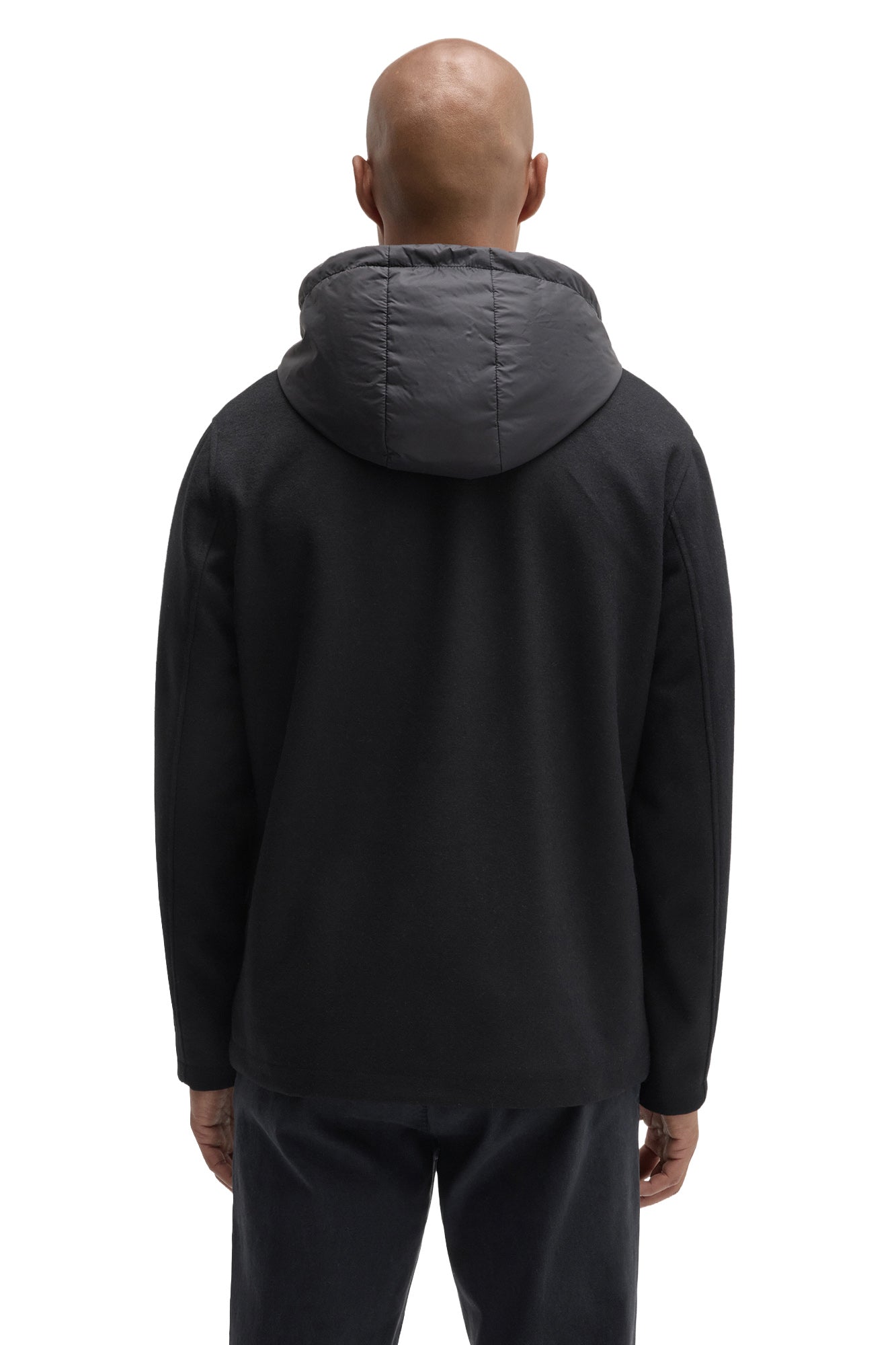 Robert Barakett men's black hooded jacket with plain long sleeves and charcoal padded hood shown from the back