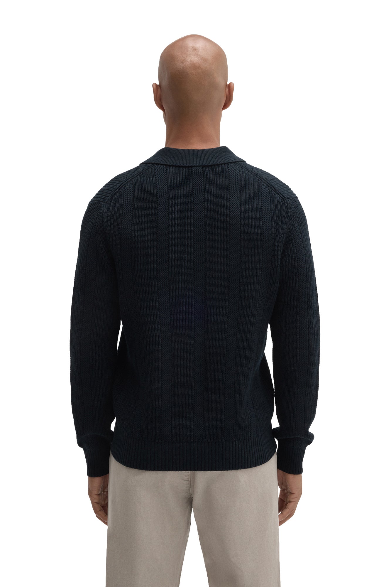 Robert Barakett men's dark navy long sleeve knit polo with hem, cuffs and ribbed collar shown from the back