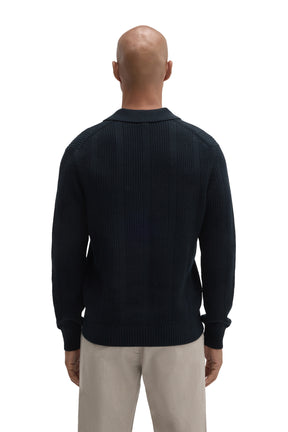 Robert Barakett men's dark navy long sleeve knit polo with hem, cuffs and ribbed collar shown from the back