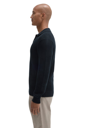 Robert Barakett men's dark navy long sleeve knit polo with straight ribbed hem and ribbed cuff, side view