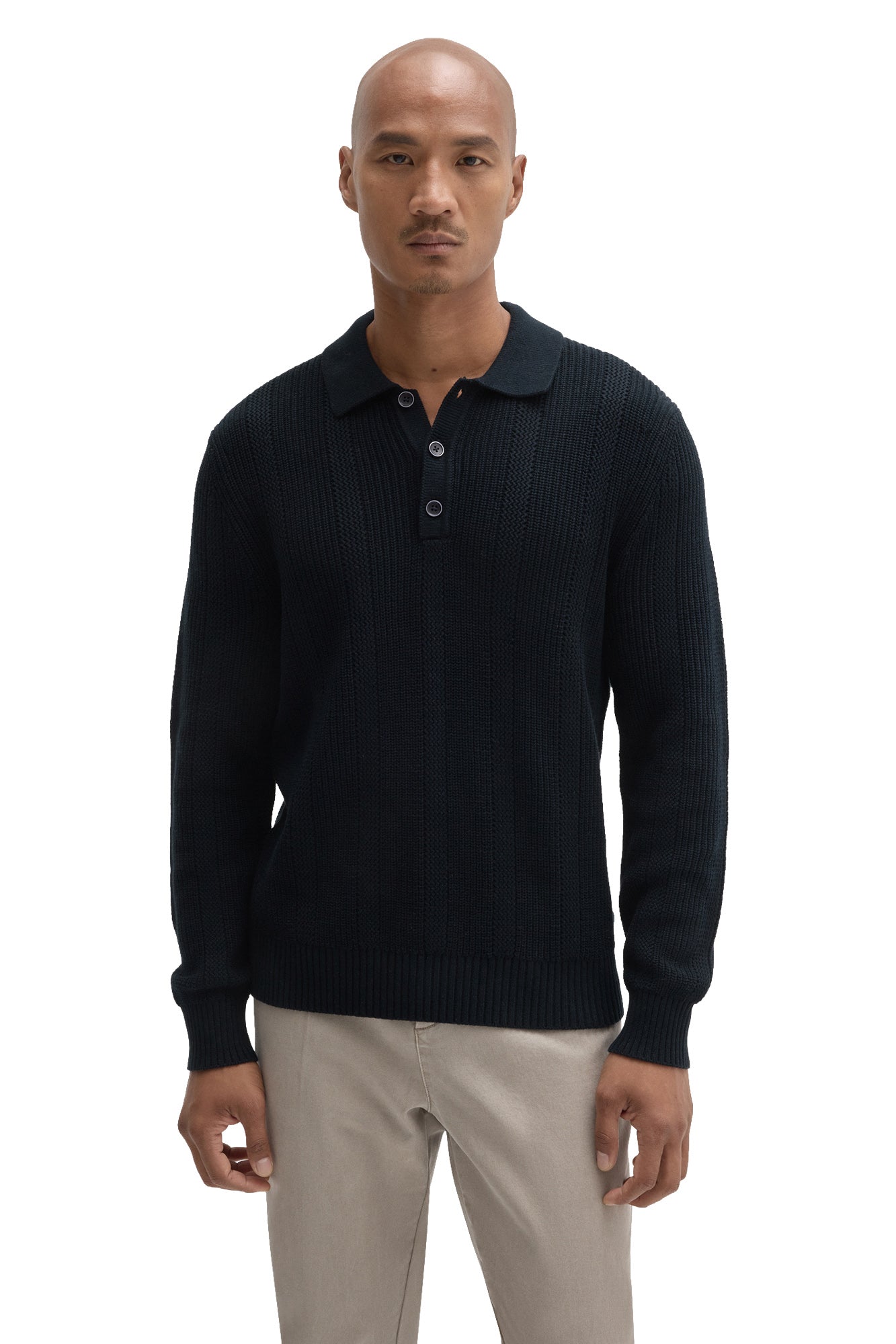 Robert Barakett men's dark navy long sleeve knit polo with button placket and textured vertical ribs, front view