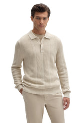 Robert Barakett men's cream long sleeve textured knit polo with fold-over collar and three-button placket, front view