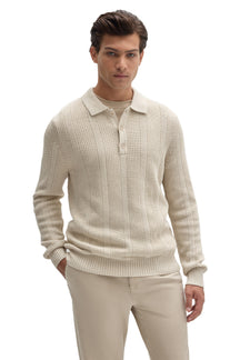 Robert Barakett men's cream long sleeve textured knit polo with fold-over collar and three-button placket, front view