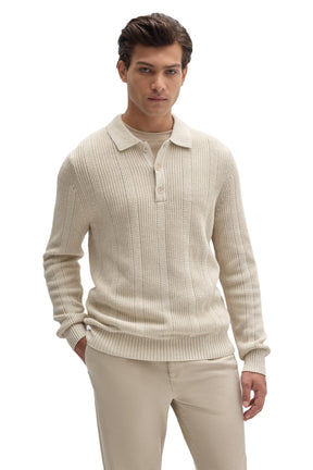 Robert Barakett men's cream long sleeve textured knit polo with fold-over collar and three-button placket, front view