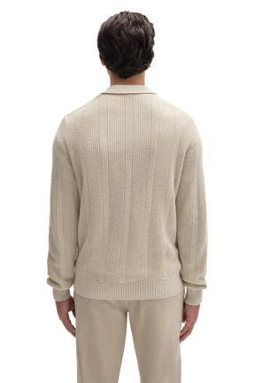 Robert Barakett men's cream long sleeve textured knit polo with hem, cuffs and ribbed collar shown from the back