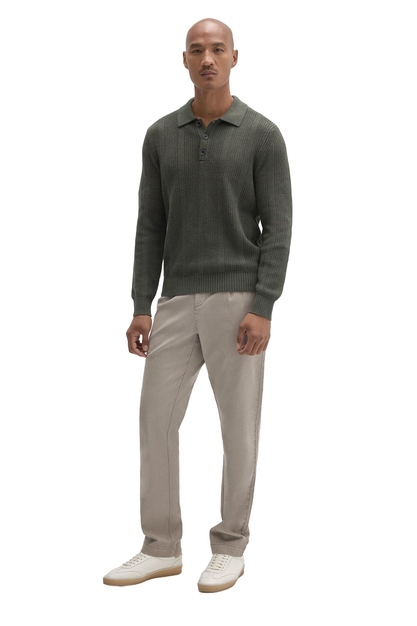 Men's full-body front view of olive green long sleeve knit polo with three-button placket and ribbed hem by Robert Barakett