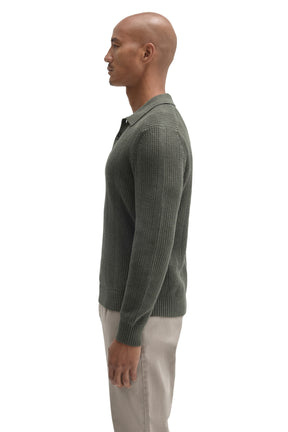 Robert Barakett men's olive green long sleeve knit polo showing textured sleeve, collar, hem and ribbed cuff, side view