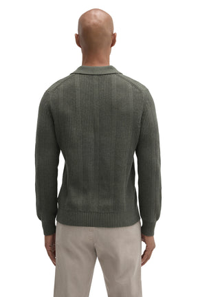 Robert Barakett men's olive green long sleeve knit polo with vertical texture, hem, cuffs and ribbed collar, back view