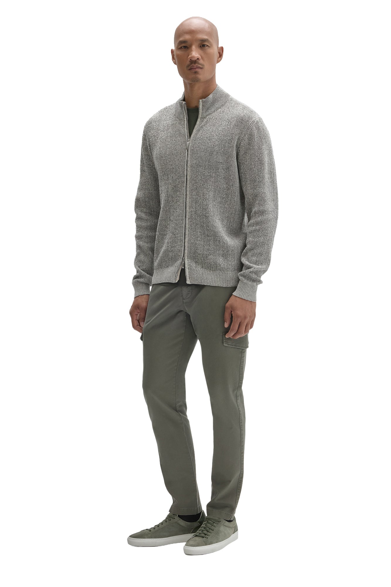Robert Barakett men's angled full-body view of a light gray heathered full-zip mock neck long-sleeve sweater, side view