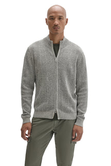 Front view of men's light gray heathered full-zip mock neck long-sleeve sweater with ribbed hem by Robert Barakett