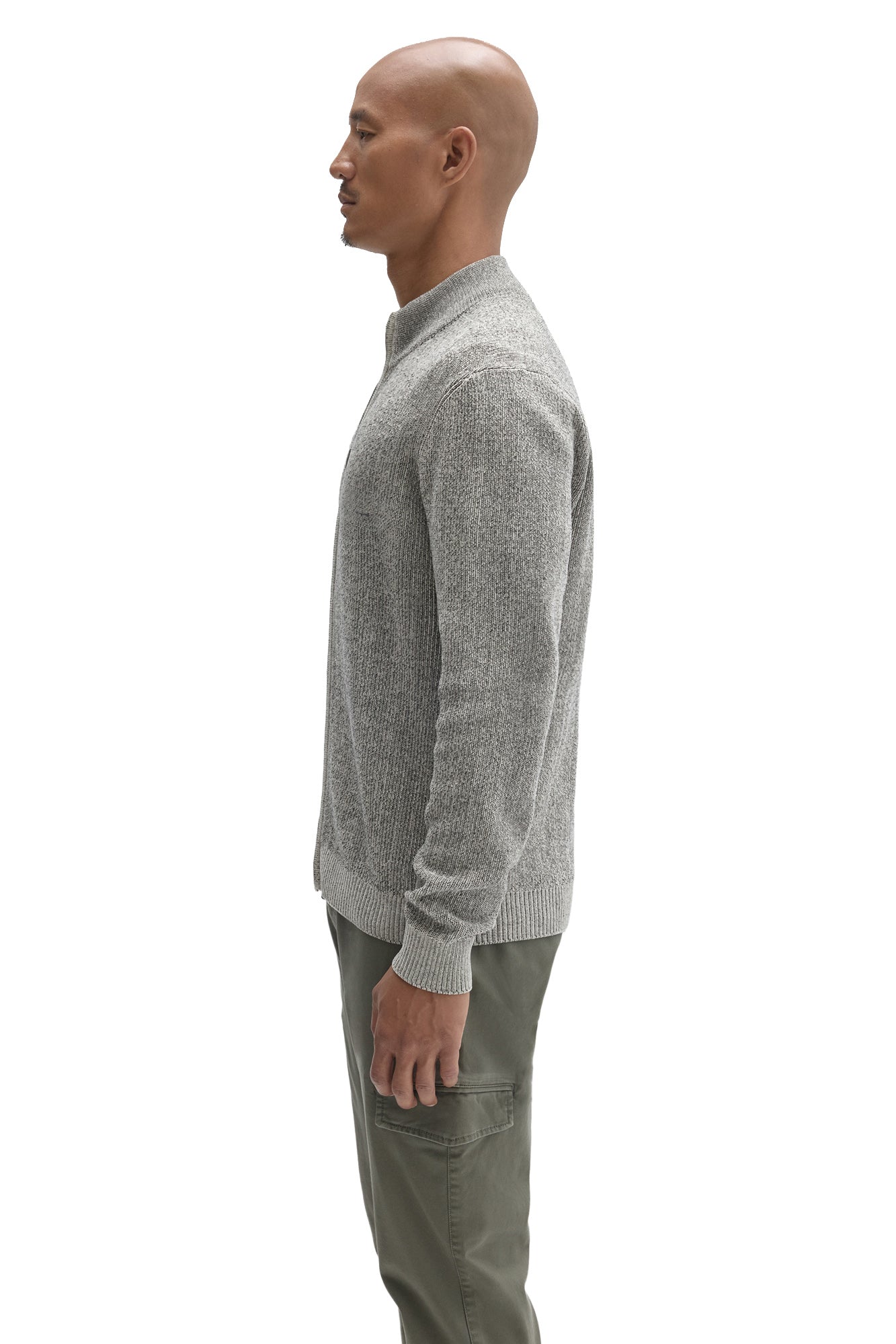 Robert Barakett men's light gray heathered knit mock neck long-sleeve sweater with shown from the side