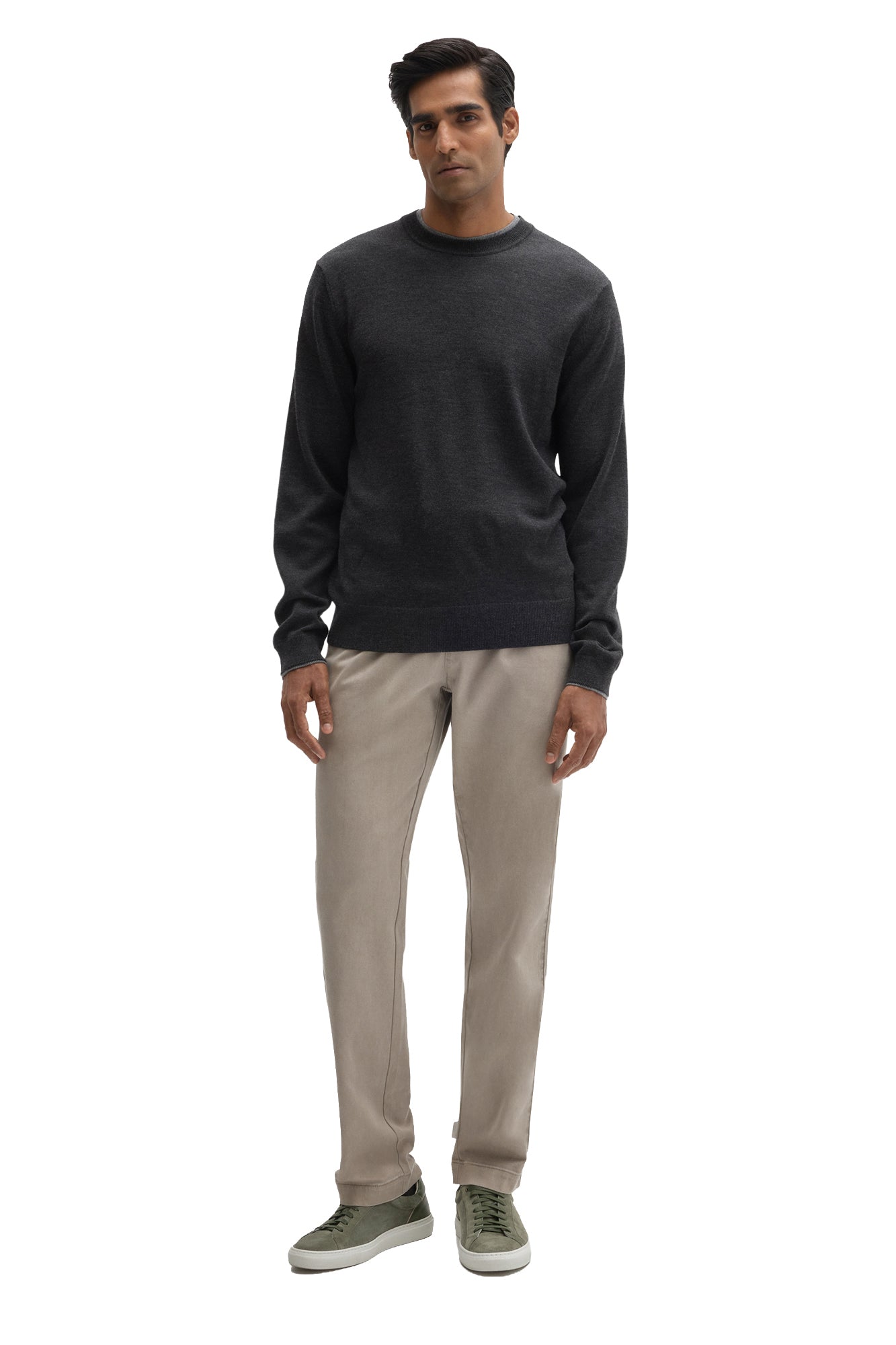 Robert Barakett men's full front view of a charcoal crewneck knit long-sleeve knit sweater with ribbed hem