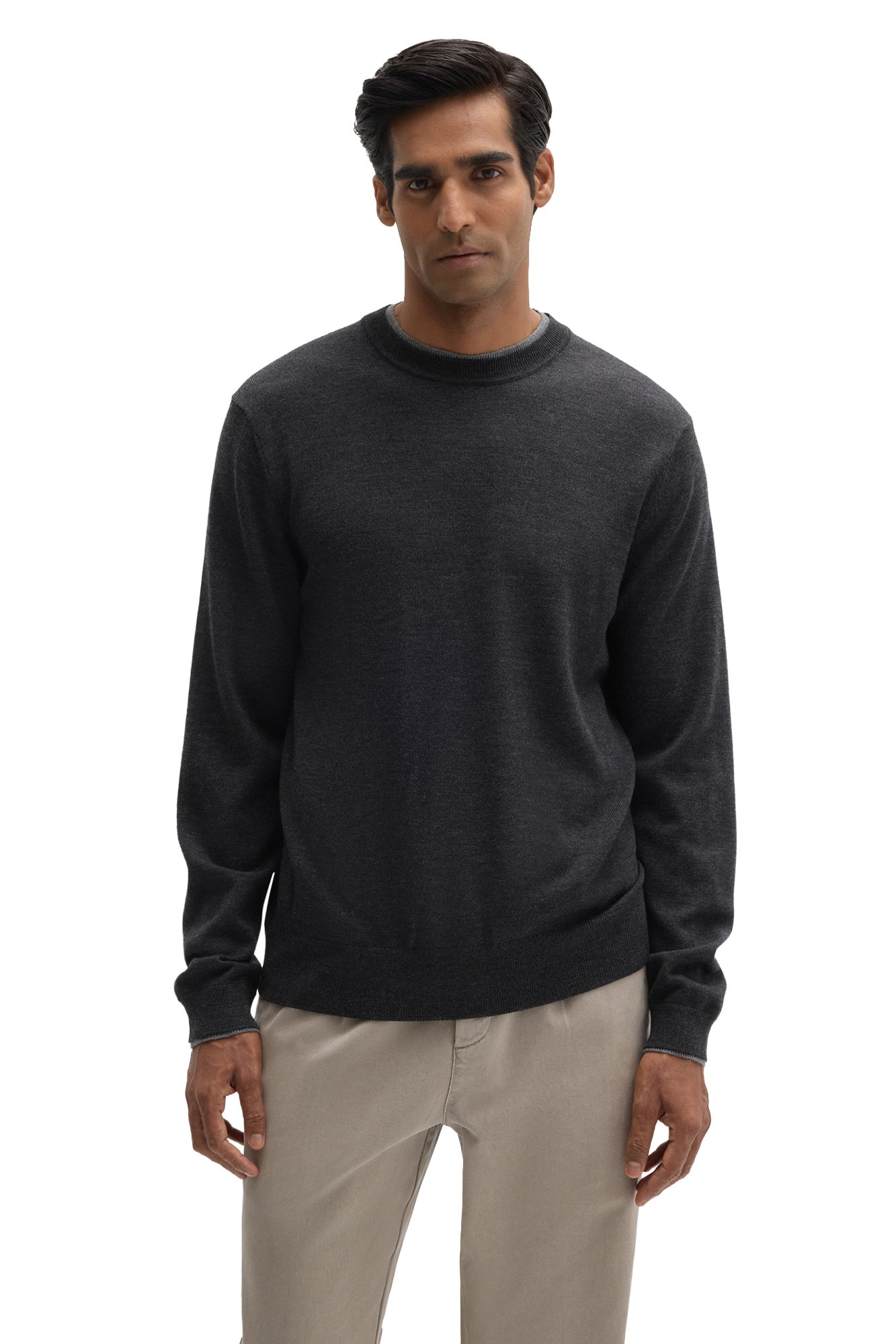 Robert Barakett men's charcoal crewneck knit long-sleeve knit sweater with ribbed hem and cuffs, front waist-up view
