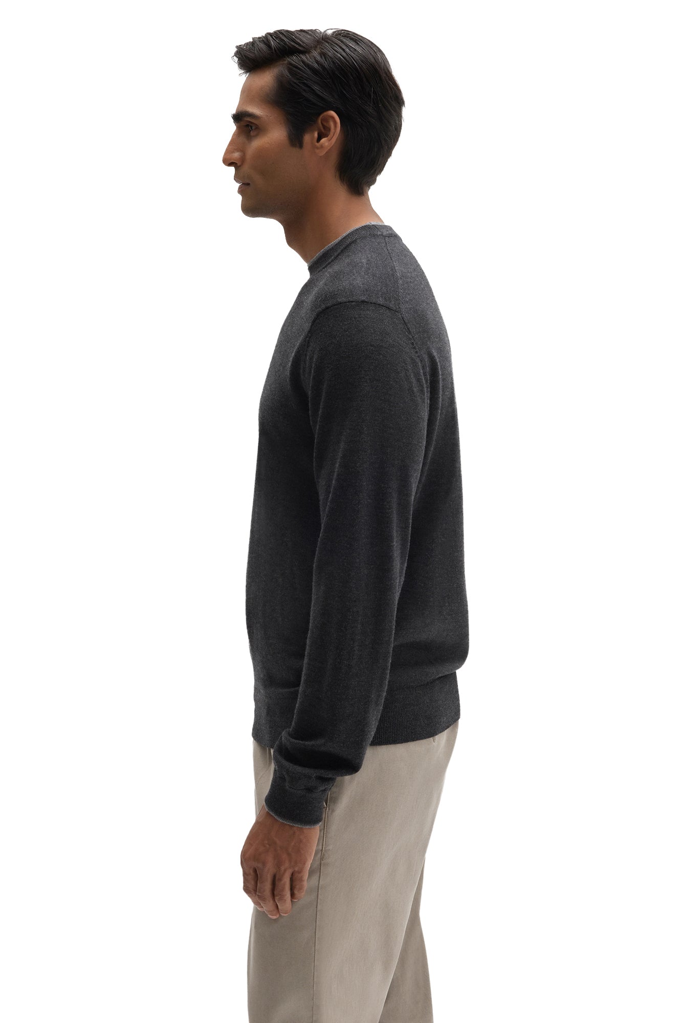 Robert Barakett men's charcoal long sleeve knit sweater showing ribbed hem and the straight fit, side view