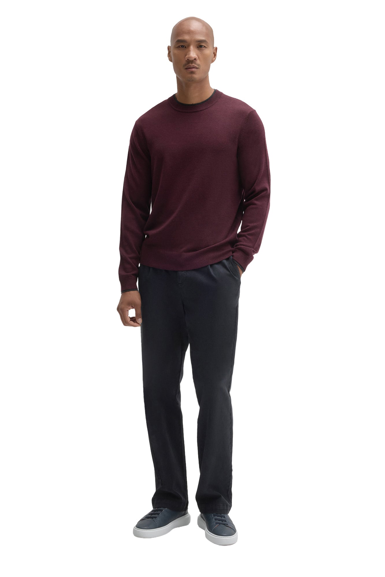Men's full front outfit view featuring a burgundy crew neck long-sleeve sweater with ribbed hem and cuffs by Robert Barakett
