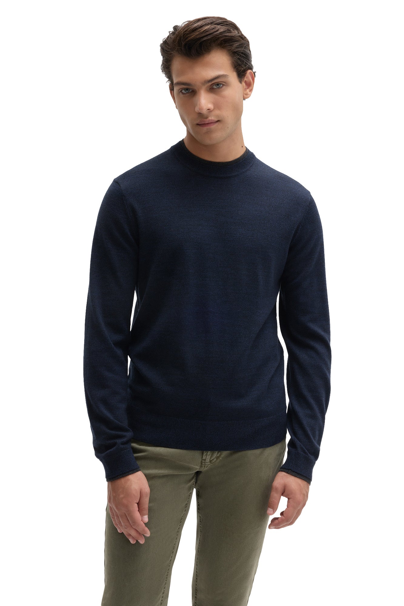 Robert Barakett men's navy fine-knit crewneck long-sleeve sweater with ribbed hem shown from the front