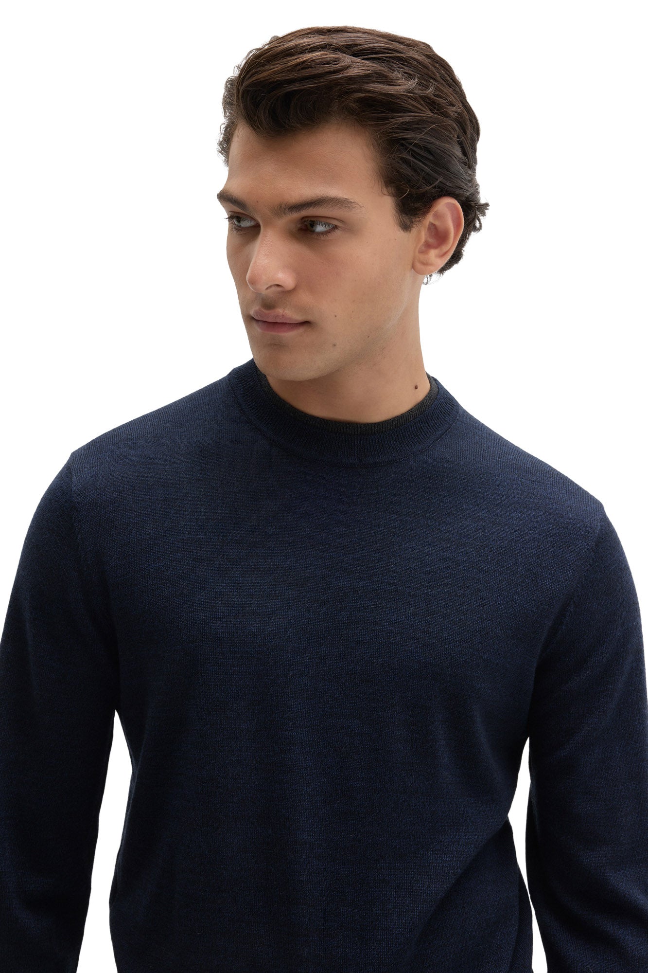 Robert Barakett men's close front detail of a navy fine-knit crewneck long-sleeve sweater showing the ribbed collar texture