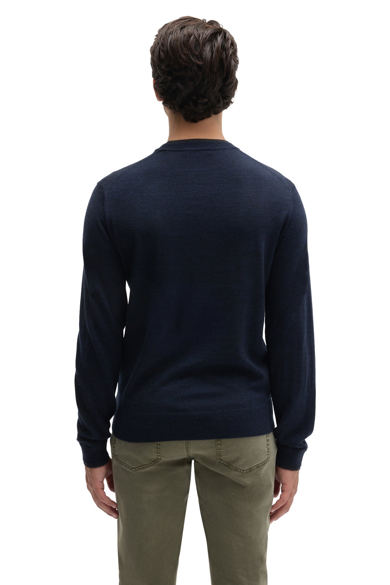 Robert Barakett men's navy long sleeve crewneck sweater with ribbed cuffs and hem shown from the back