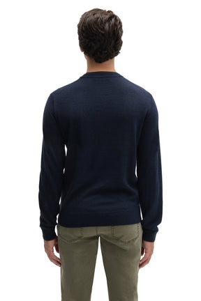 Robert Barakett men's navy long sleeve crewneck sweater with ribbed cuffs and hem shown from the back